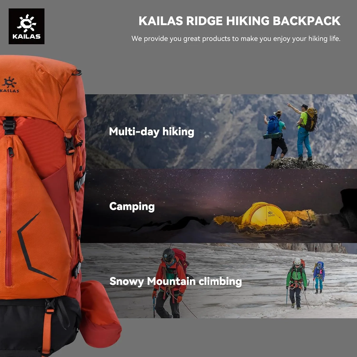 KAILAS RIDGE III 65 5L Hiking Backpack Trekking Daypack Outdoor Backpacking Waterproof Lightweight Internal Frame Backpack for Traveling Camping with Rain Cover Leaf Green S