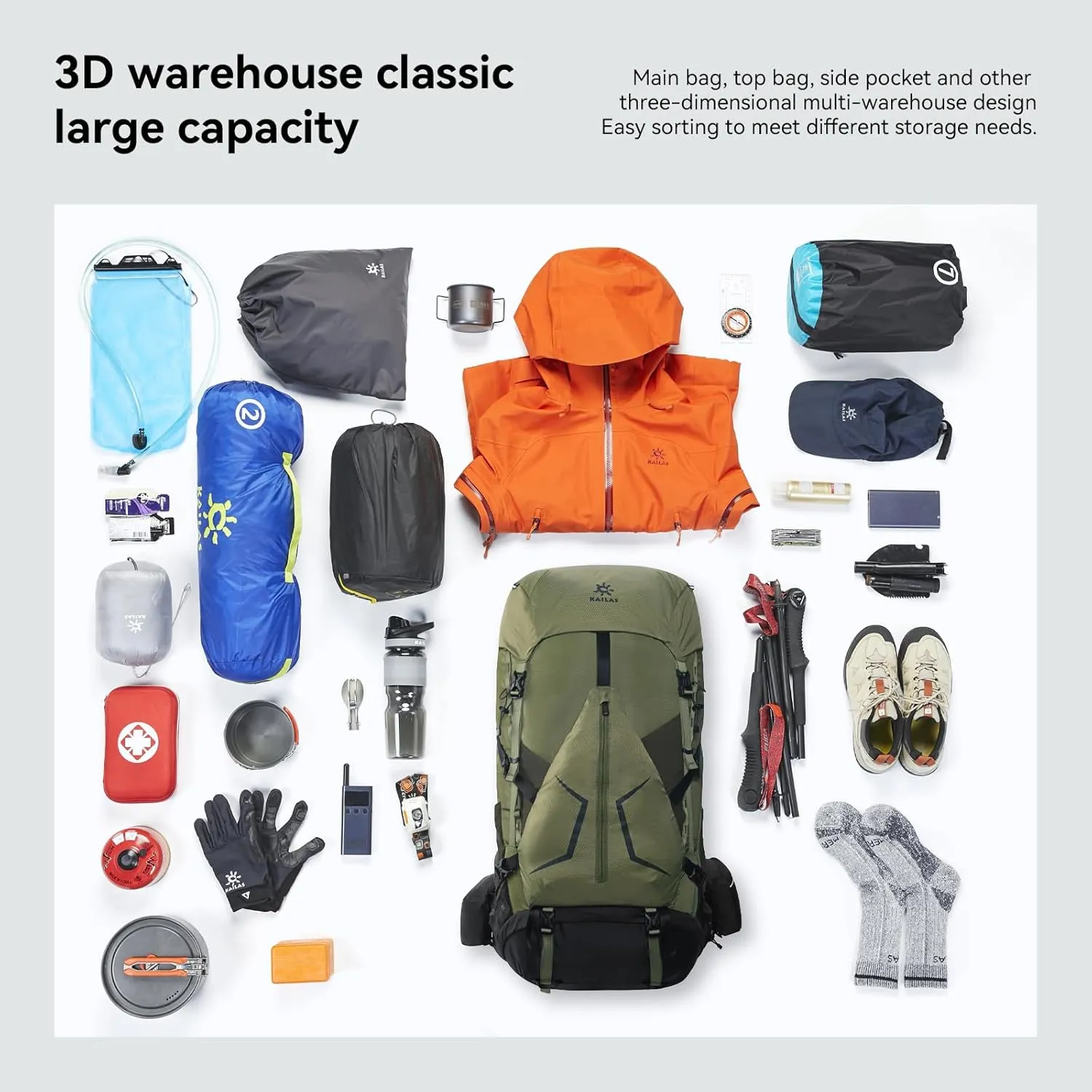 KAILAS RIDGE III 65 5L Hiking Backpack Trekking Daypack Outdoor Backpacking Waterproof Lightweight Internal Frame Backpack for Traveling Camping with Rain Cover Leaf Green S