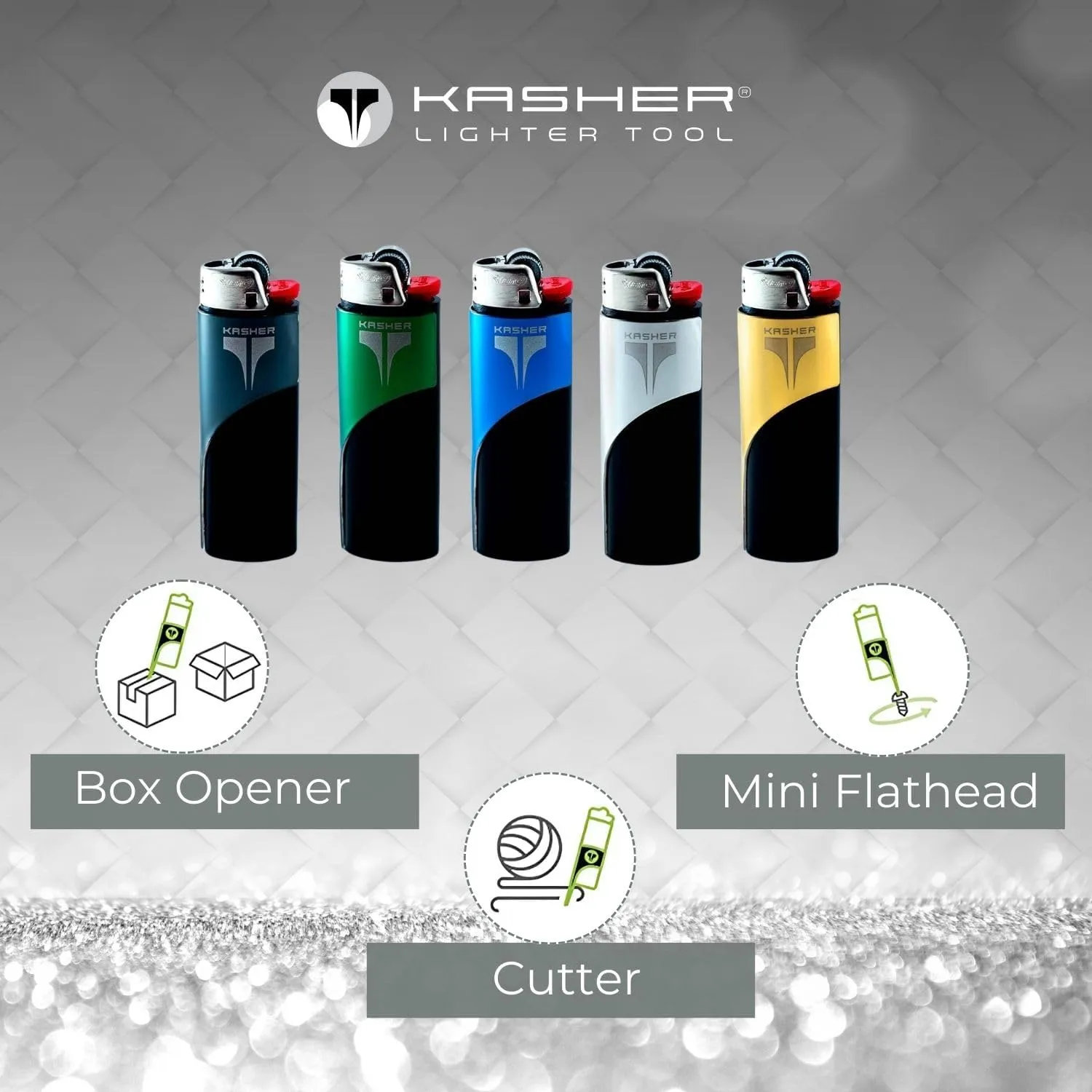 Kasher Classic Lighter Tool Without Lighter - Stainless Steel, Lightweight, Durable Construction, Portable - Fits Any Lighter - Usage as Cutter for Opening Packages - 0.8mm Thick - Pack of 5