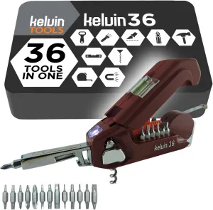 Kelvin Tools - Kelvin 36 Urban Multi Tool Screwdriver Set - All in One Hand Tool With 26 Interchangeable Bits, Tape Measure, Liquid Level, Hammer, Flashlight, Corkscrew and Magnetic Tip