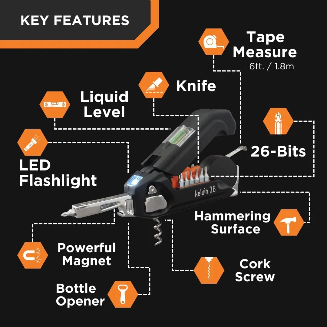 Kelvin Tools - Kelvin 36 Urban Multi Tool Screwdriver Set - All in One Hand Tool With 26 Interchangeable Bits, Tape Measure, Liquid Level, Hammer, Flashlight, Corkscrew and Magnetic Tip