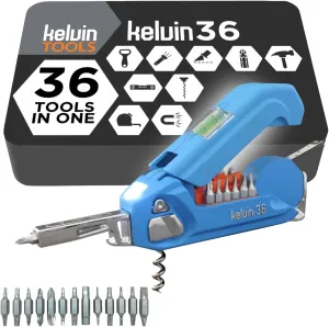 Kelvin Tools - Kelvin 36 Urban Multi Tool Screwdriver Set - All in One Hand Tool With 26 Interchangeable Bits, Tape Measure, Liquid Level, Hammer, Flashlight, Corkscrew and Magnetic Tip