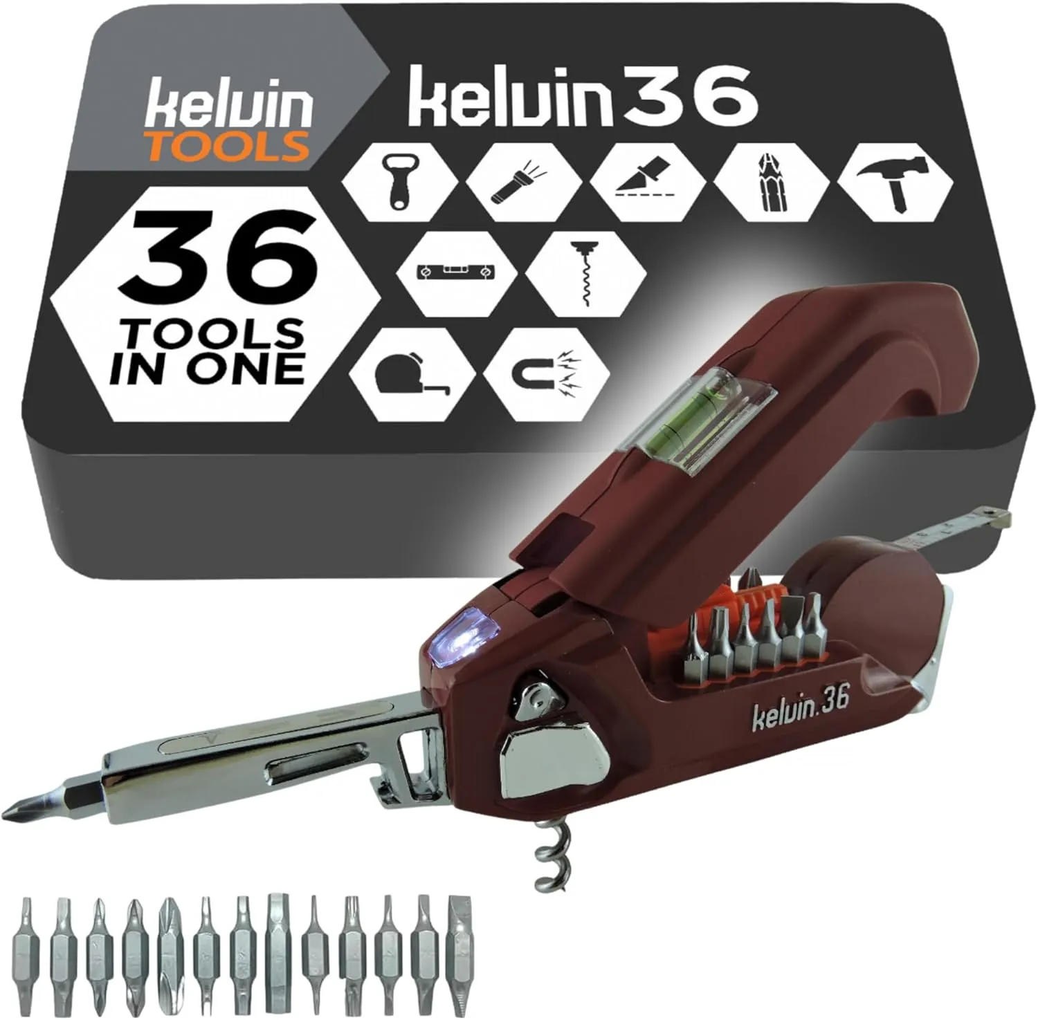 Kelvin Tools - Kelvin 36 Urban Multi Tool Screwdriver Set - All in One Hand Tool With 26 Interchangeable Bits, Tape Measure, Liquid Level, Hammer, Flashlight, Corkscrew and Magnetic Tip