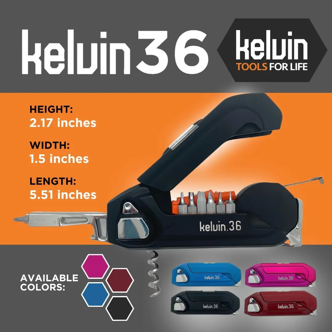 Kelvin Tools - Kelvin 36 Urban Multi Tool Screwdriver Set - All in One Hand Tool With 26 Interchangeable Bits, Tape Measure, Liquid Level, Hammer, Flashlight, Corkscrew and Magnetic Tip