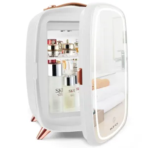 KFO Skincare Fridge Mini Fridge Skincare Mini Fridge6 Liter/8 Cans 3 LED Mirror Light ModeSkin Care Fridge Mini Skincare FridgeCosmetic Fridge Mini Fridge For Bedroom For Makeup Storage (White)