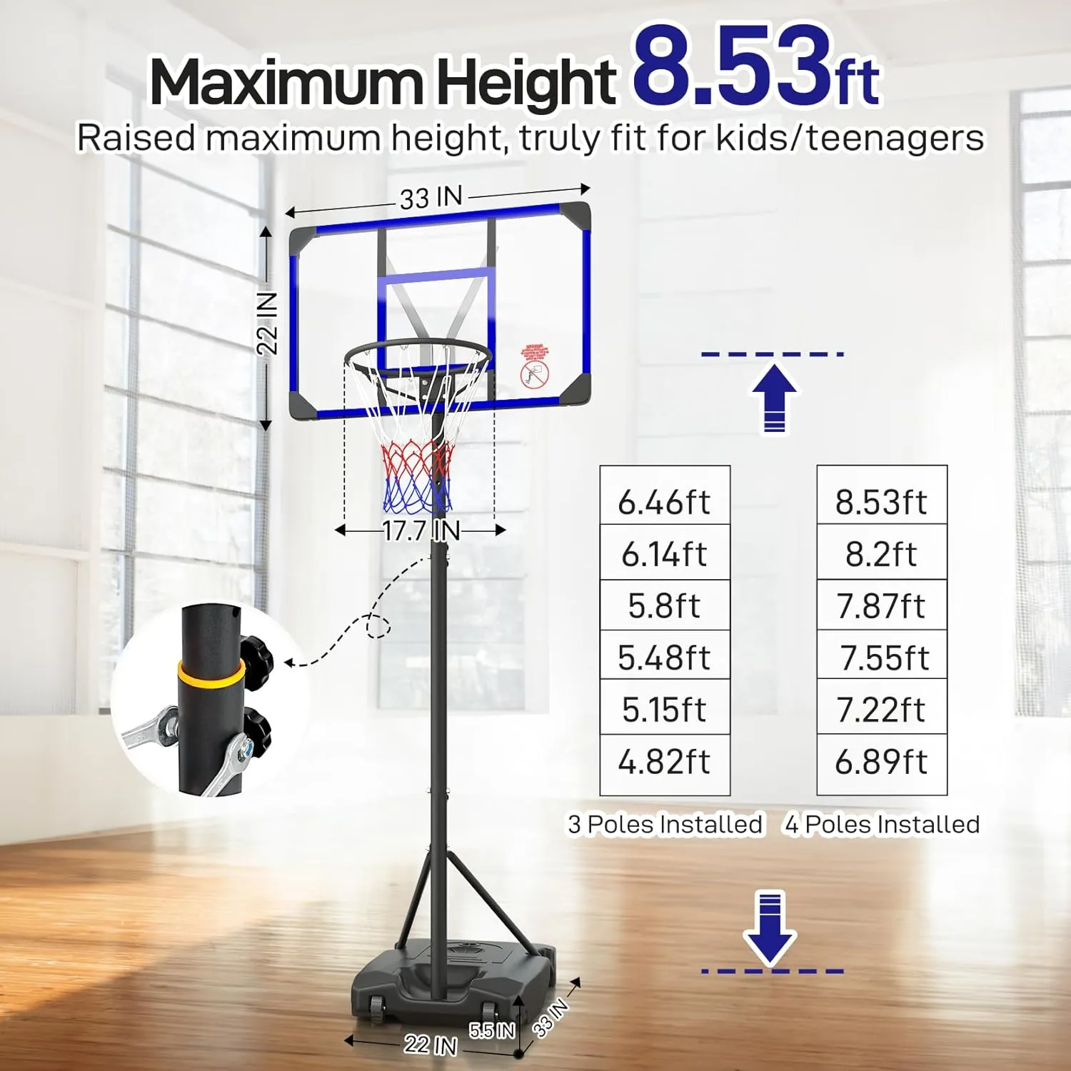 Kids Basketball Hoop Outdoor 4.82-8.53ft Adjustable, Portable Basketball Hoops & Goals for Kids/Teenagers/Youth in Backyard/Driveway/Indoor, with Enlarged Base and PC Backboard