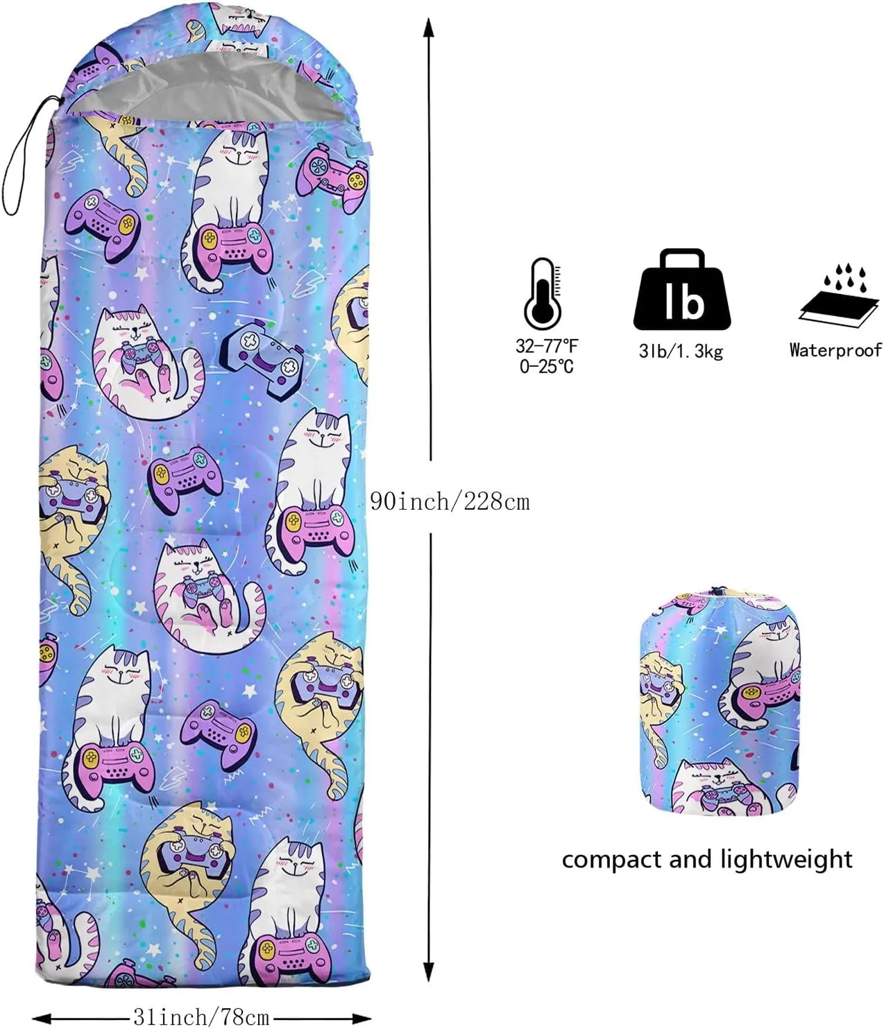 Kids Sleeping Bag for Boys Girls,Rocket Moon Print-Lightweight Warm Portable Outdoor Indoor-Waterproof Cold Weather Resistant Sleeping Bag for Camping Hiking