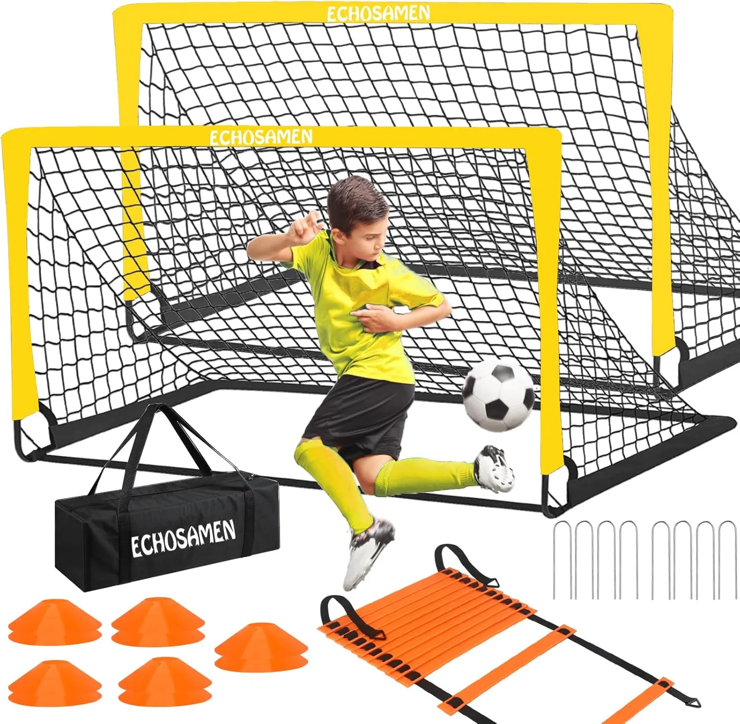 Kids Soccer Goals for Backyard, 2 of 6 x 4 ft Kids Soccer Goal Set Soccer Net with 10 Soccer Cones, Agility Ladder & Carry Bag, Portable Soccer Training Equipment.