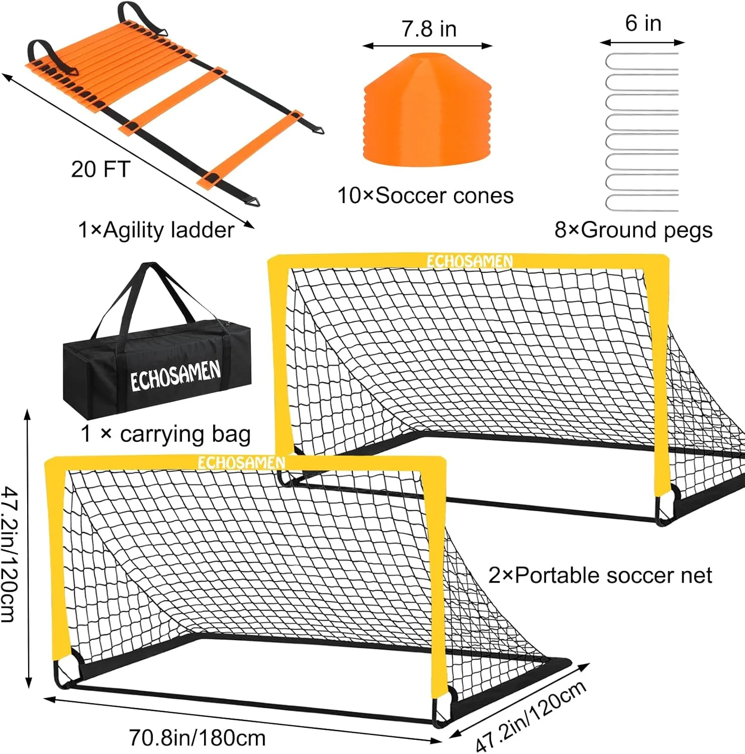 Kids Soccer Goals for Backyard, 2 of 6 x 4 ft Kids Soccer Goal Set Soccer Net with 10 Soccer Cones, Agility Ladder & Carry Bag, Portable Soccer Training Equipment.