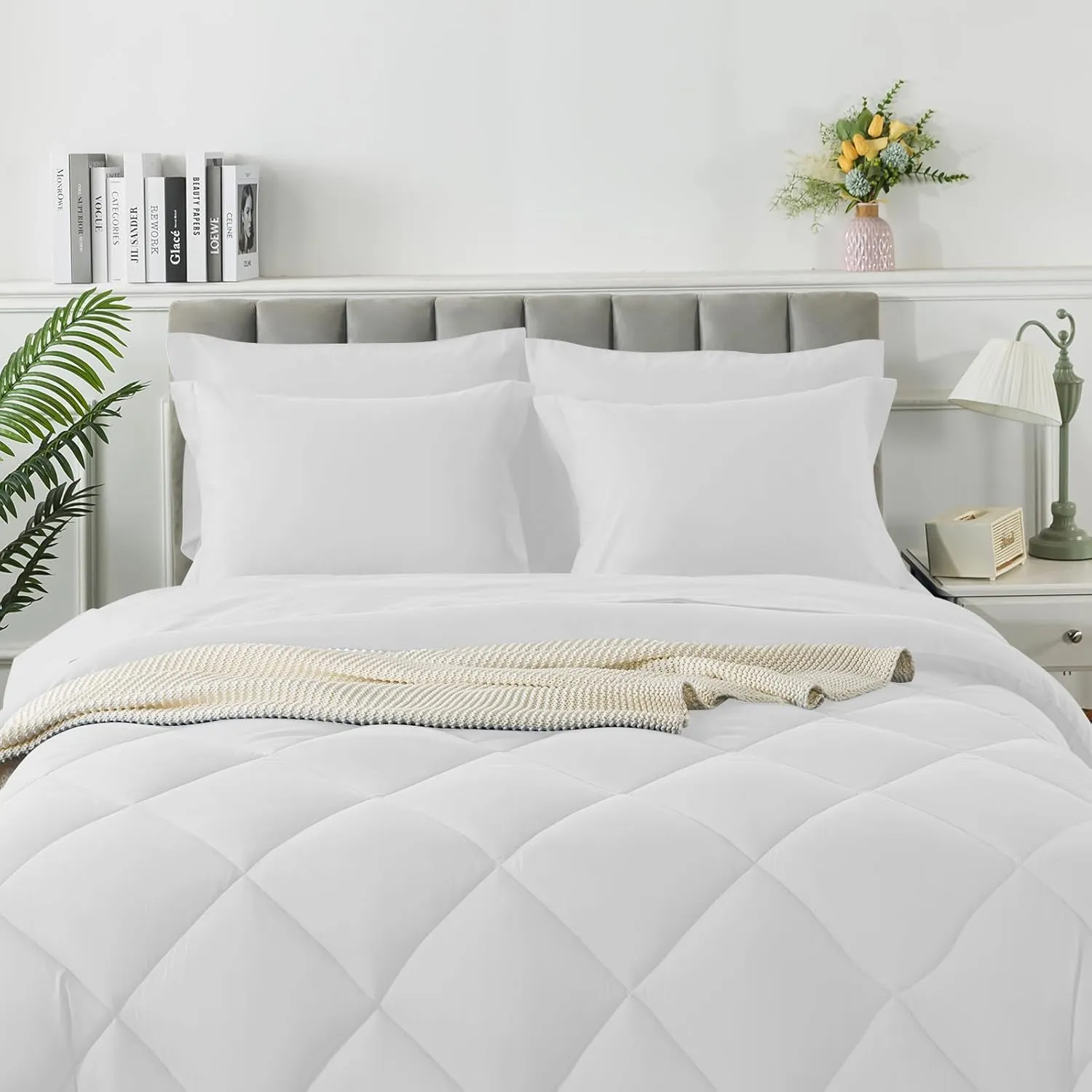 King Size Comforter Set, 7 Pieces Bed in a Bag, Bedding Sets with All Season Soft Quilted Lightweight Comforter, Flat Sheet, Fitted Sheet, 2 Pillow Shams, 2 Pillowcases, White