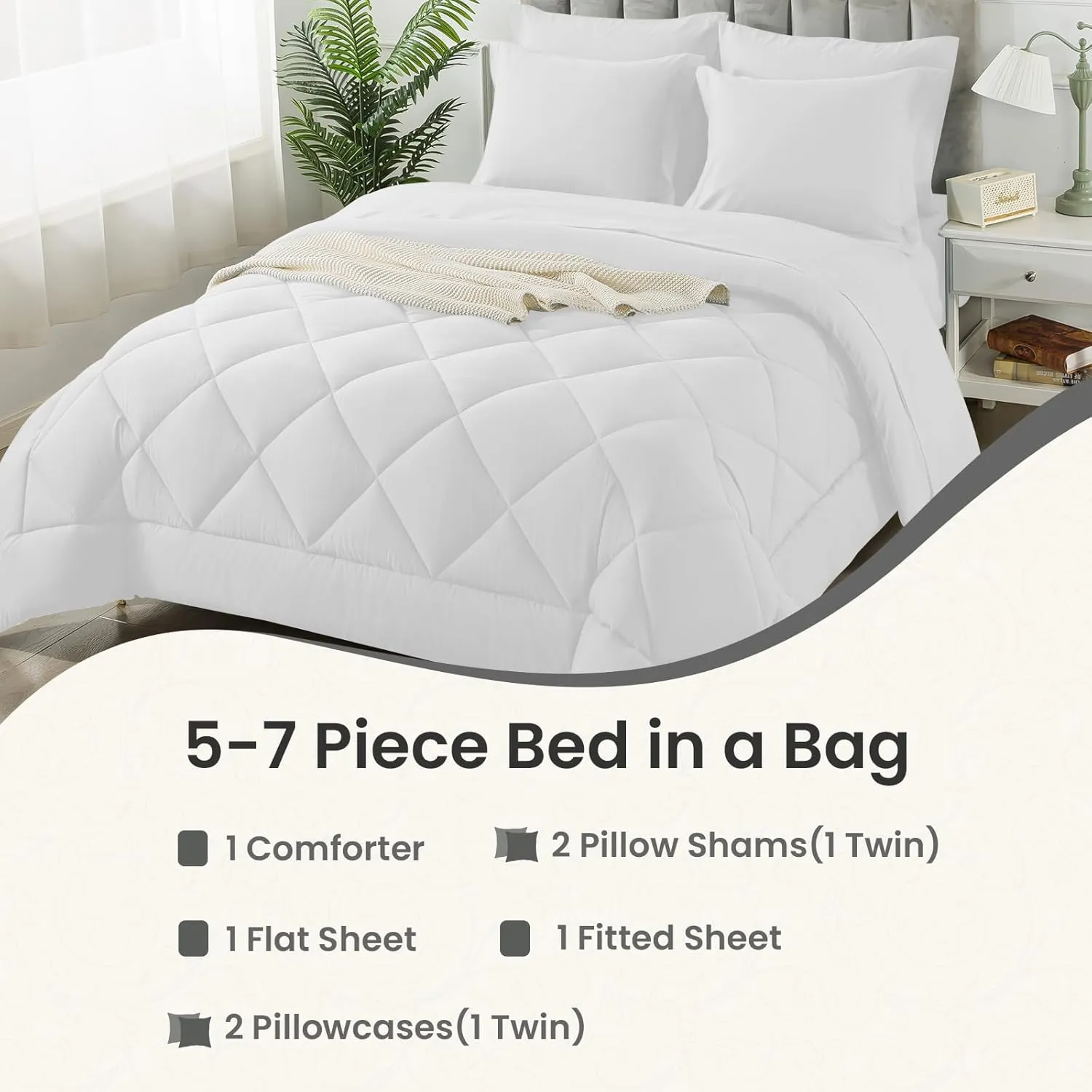 King Size Comforter Set, 7 Pieces Bed in a Bag, Bedding Sets with All Season Soft Quilted Lightweight Comforter, Flat Sheet, Fitted Sheet, 2 Pillow Shams, 2 Pillowcases, White