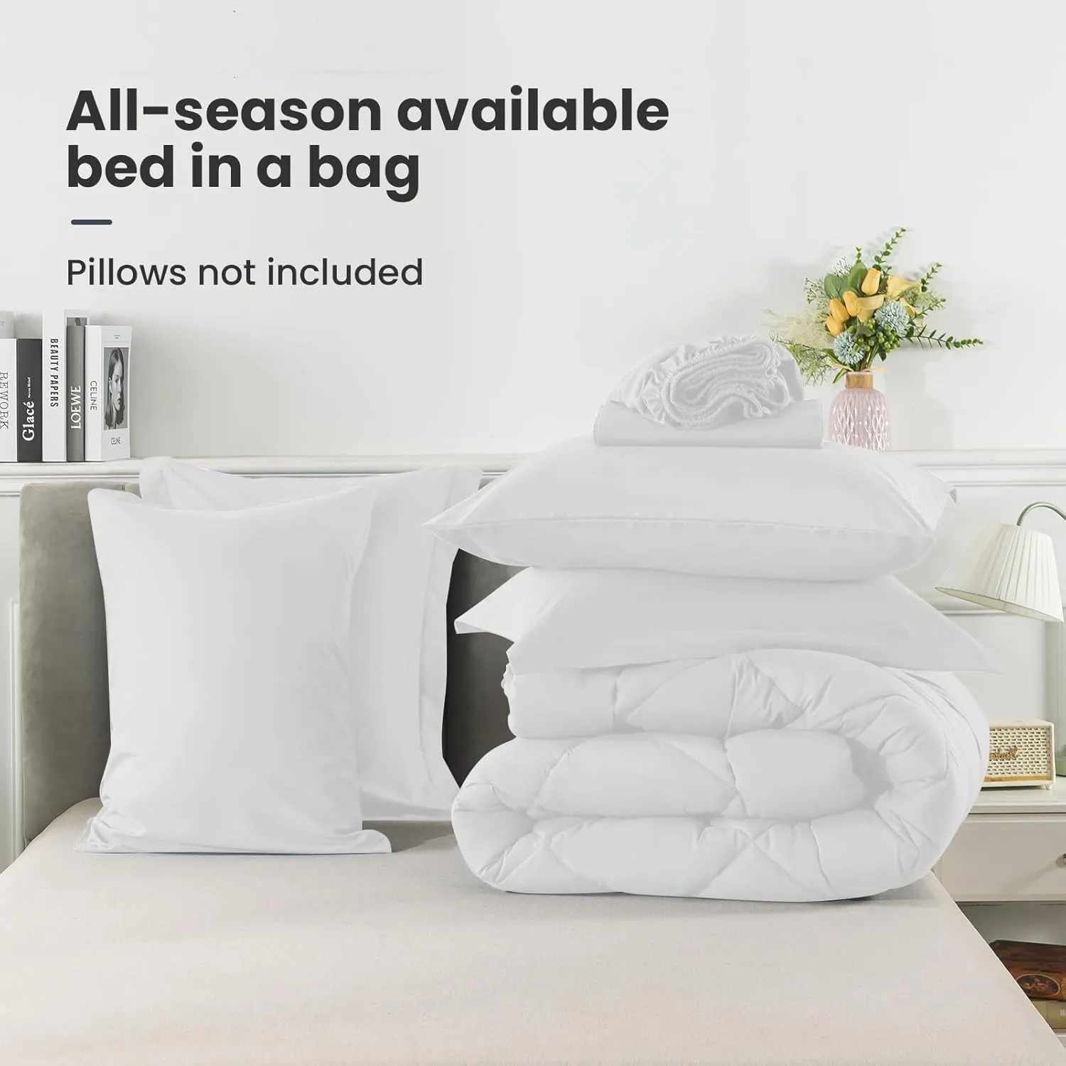 King Size Comforter Set, 7 Pieces Bed in a Bag, Bedding Sets with All Season Soft Quilted Lightweight Comforter, Flat Sheet, Fitted Sheet, 2 Pillow Shams, 2 Pillowcases, White