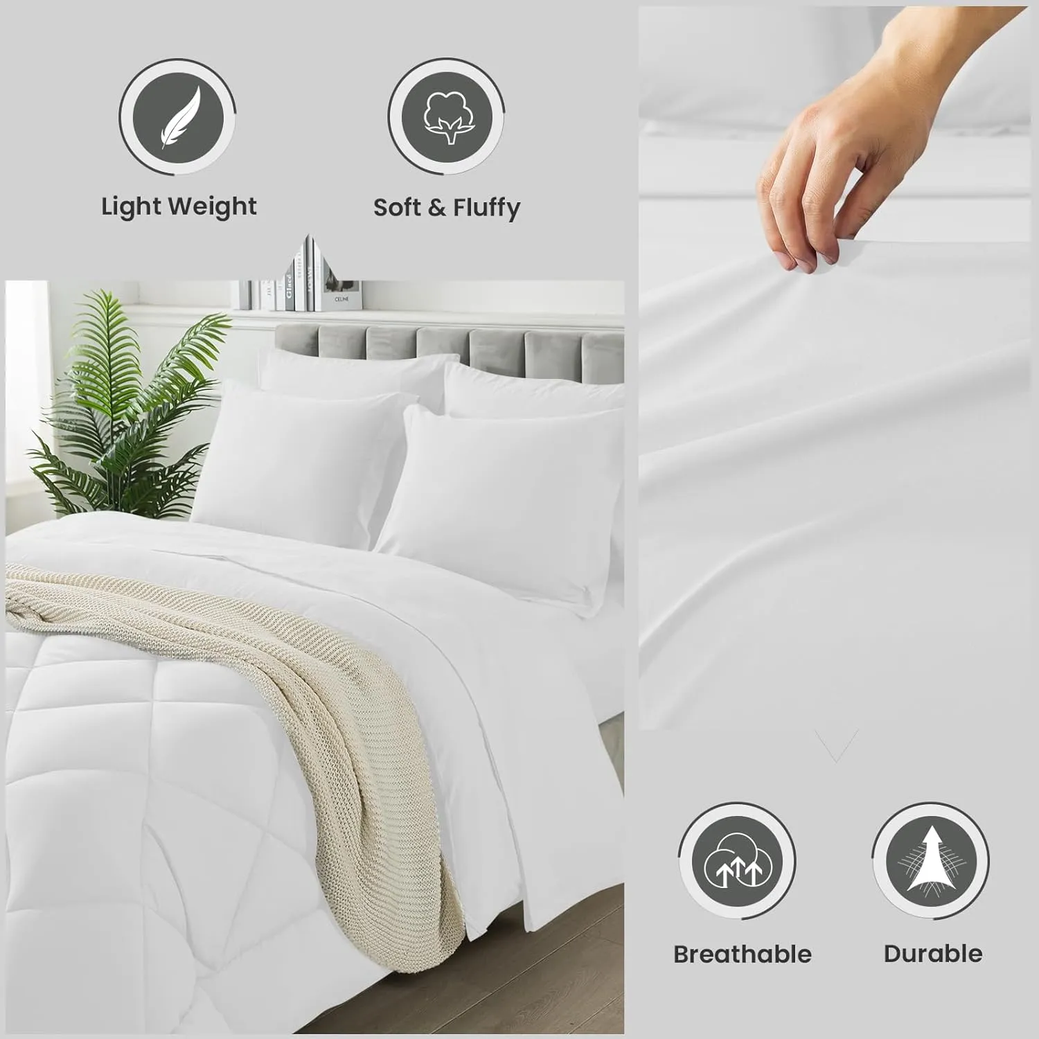 King Size Comforter Set, 7 Pieces Bed in a Bag, Bedding Sets with All Season Soft Quilted Lightweight Comforter, Flat Sheet, Fitted Sheet, 2 Pillow Shams, 2 Pillowcases, White