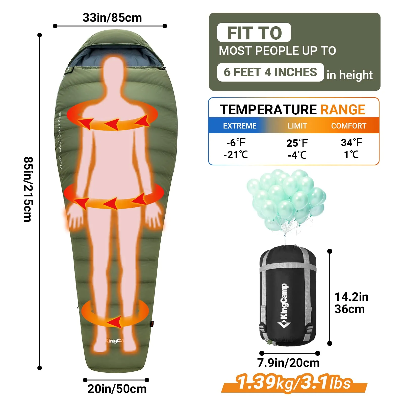 KingCamp PROTECTOR 600 Down Sleeping Bag-Mummy