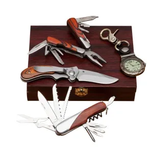Kings County Tools Multitool Gift Pocket Knife for Men Tool Set - 5-Piece Kit with Multi Tool, 2 Pocket Knives, Belt Watch, and Wood Case - Everyday Carry EDC Multitool Knife Camping Gifts for Men