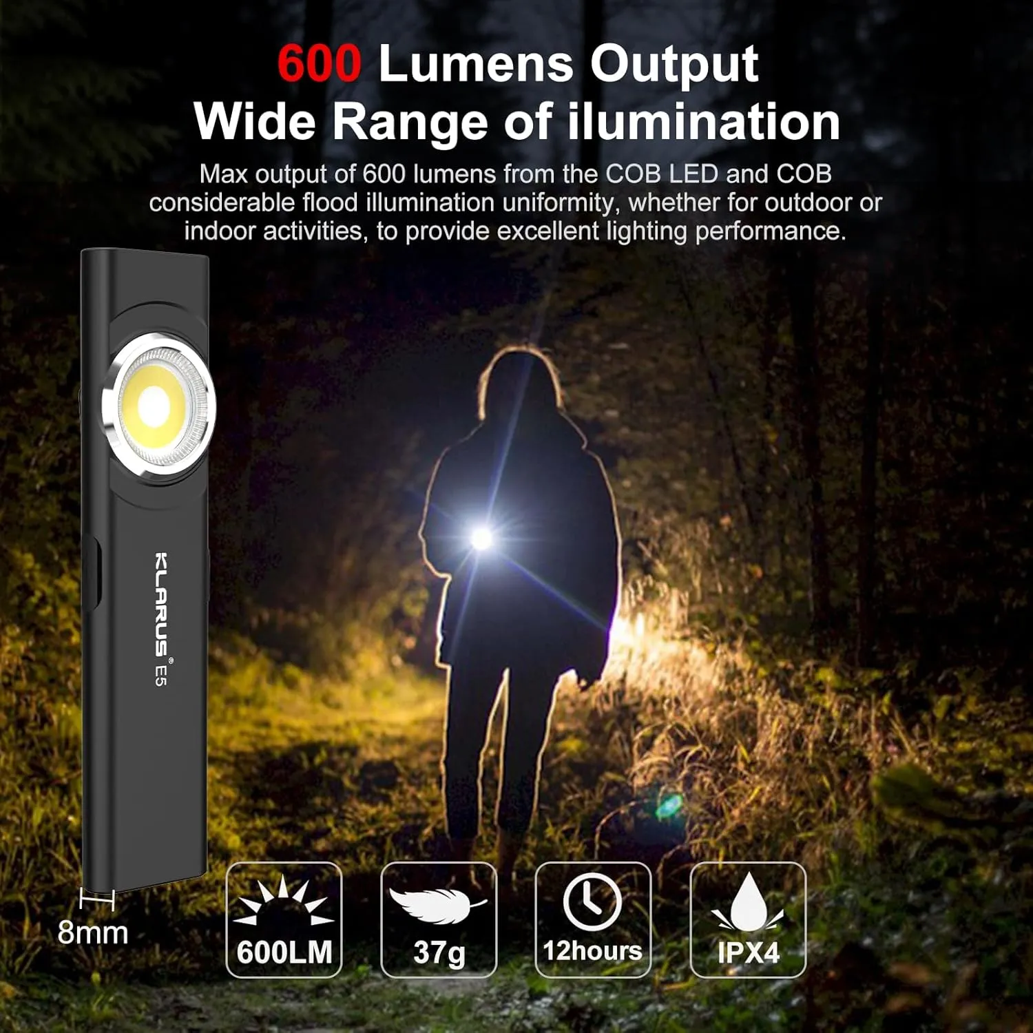 klarus E5 2Pcs Pocket Flashlight, Rechargeable EDC Flashlight, Super Slim 4.2x1x0.3inch, 600 Lumens, USB-C Port, IPX4, Dual Light Source with Magnetic Base, Hat & Clothes Clip (Black 2Pcs)