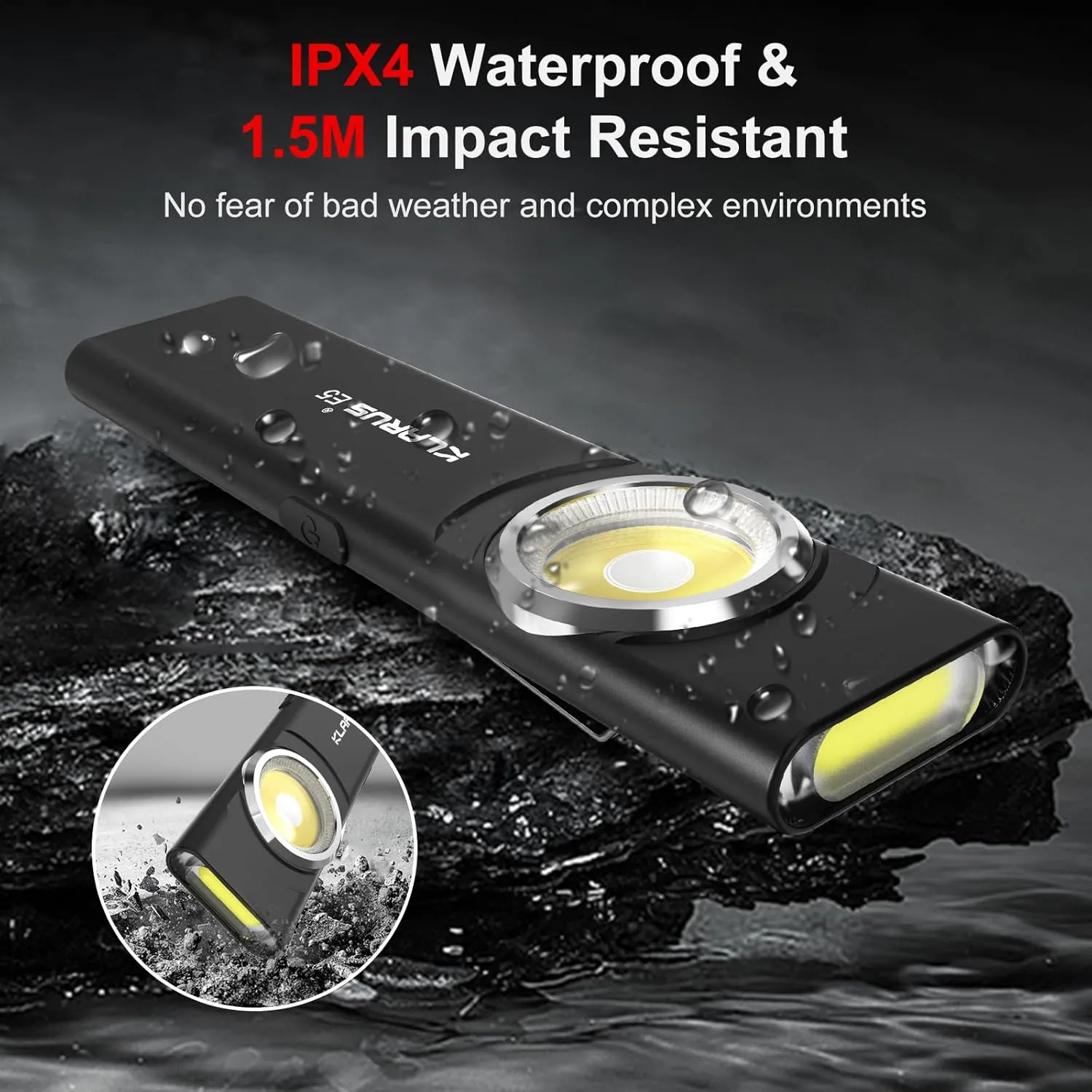 klarus E5 2Pcs Pocket Flashlight, Rechargeable EDC Flashlight, Super Slim 4.2x1x0.3inch, 600 Lumens, USB-C Port, IPX4, Dual Light Source with Magnetic Base, Hat & Clothes Clip (Black 2Pcs)
