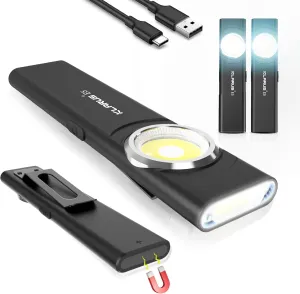 klarus E5 2Pcs Pocket Flashlight, Rechargeable EDC Flashlight, Super Slim 4.2x1x0.3inch, 600 Lumens, USB-C Port, IPX4, Dual Light Source with Magnetic Base, Hat & Clothes Clip (Black 2Pcs)