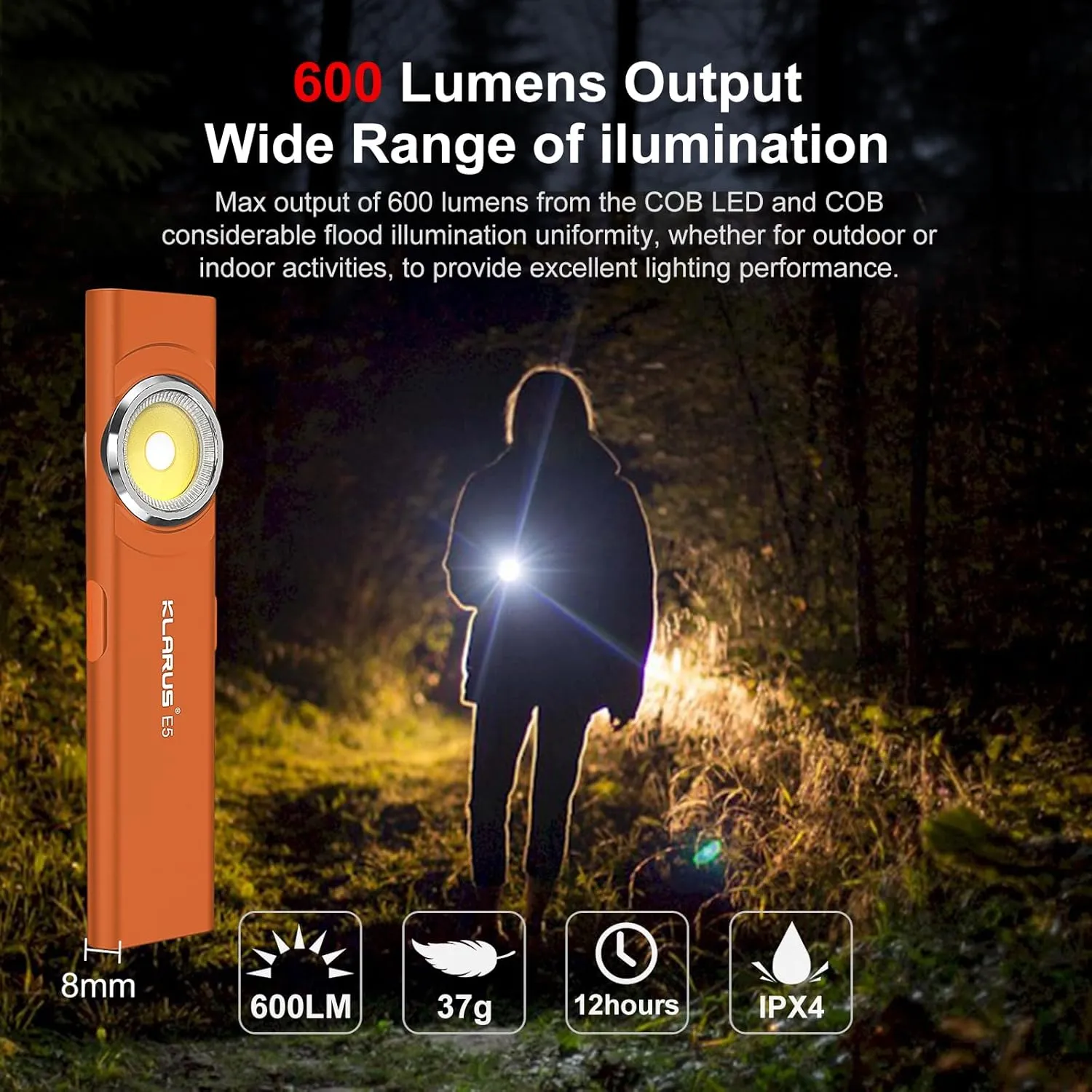 klarus E5 2Pcs Pocket Flashlight, Rechargeable EDC Flashlight, Super Slim 4.2x1x0.3inch, 600 Lumens, USB-C Port, IPX4, Dual Light Source with Magnetic Base, Hat & Clothes Clip