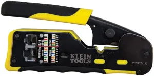 Klein Tools VDV226-110 Ratcheting Modular Data Cable Crimper / Wire Stripper / Wire Cutter for RJ11/RJ12 Standard, RJ45 Pass-Thru Connectors