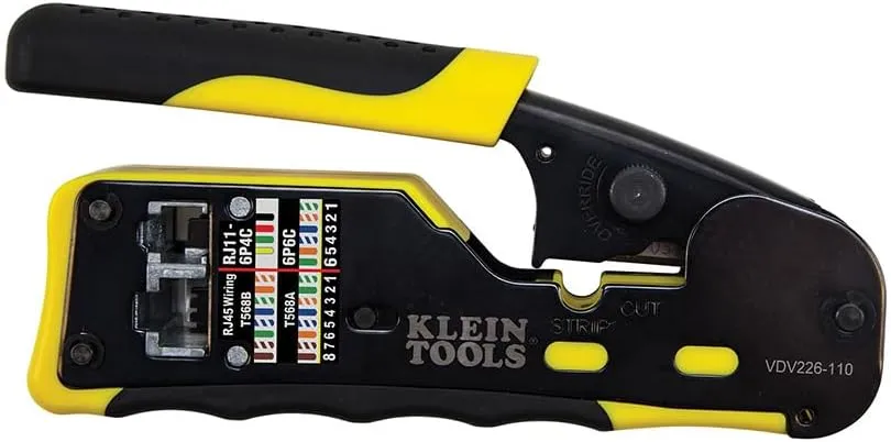 Klein Tools VDV226-110 Ratcheting Modular Data Cable Crimper / Wire Stripper / Wire Cutter for RJ11/RJ12 Standard, RJ45 Pass-Thru Connectors