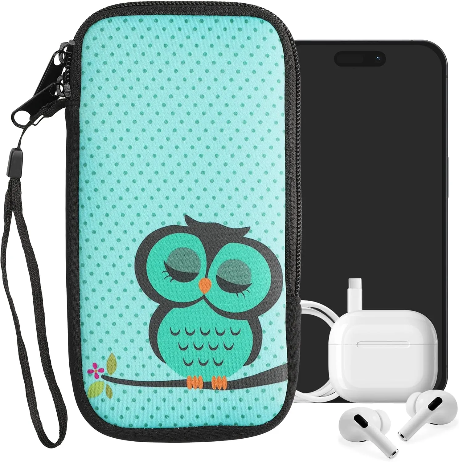 kwmobile Neoprene Sleeve for Smartphone Size XXL - 7" - Shock Absorbing Pouch Case - Protective Phone Bag - Sleeping Owl Turquoise/Brown/Mint