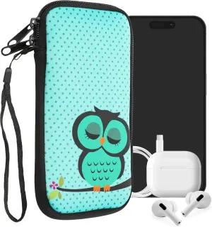 kwmobile Neoprene Sleeve for Smartphone Size XXL - 7" - Shock Absorbing Pouch Case - Protective Phone Bag - Sleeping Owl Turquoise/Brown/Mint
