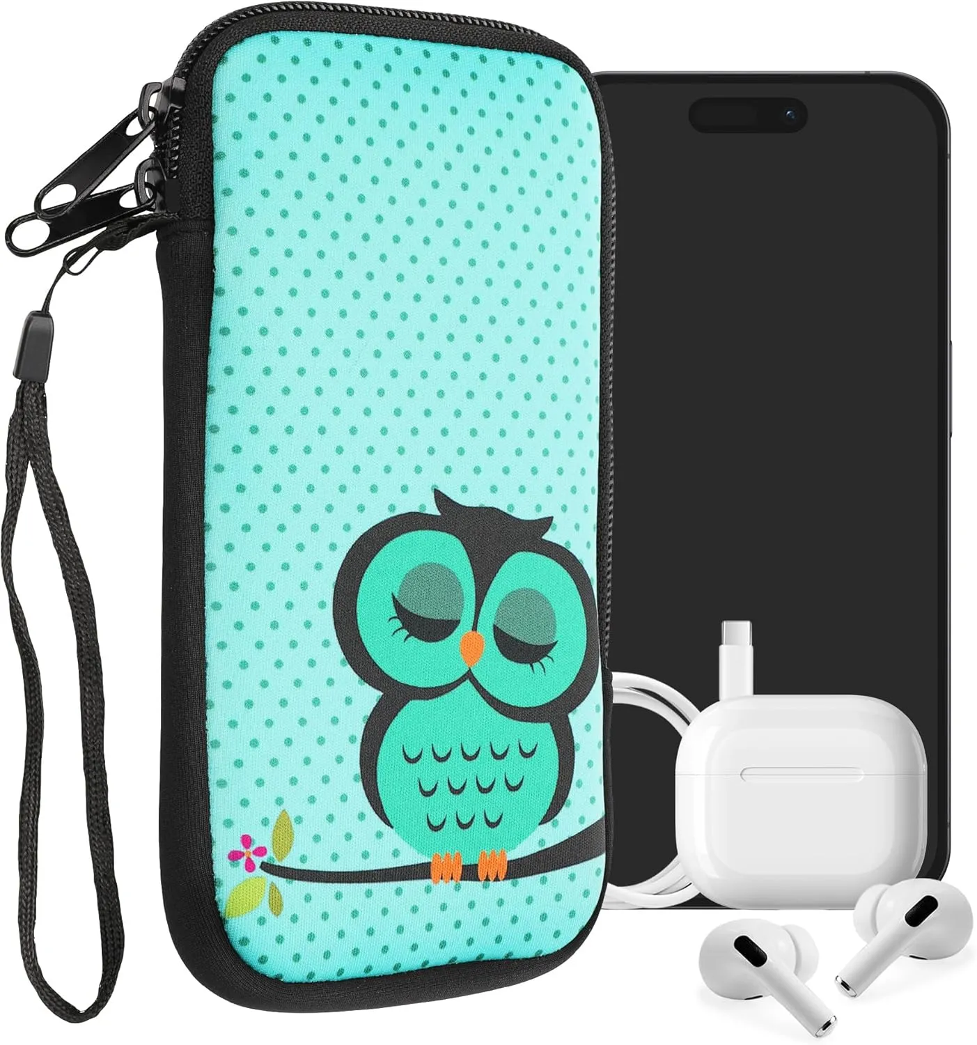 kwmobile Neoprene Sleeve for Smartphone Size XXL - 7" - Shock Absorbing Pouch Case - Protective Phone Bag - Sleeping Owl Turquoise/Brown/Mint