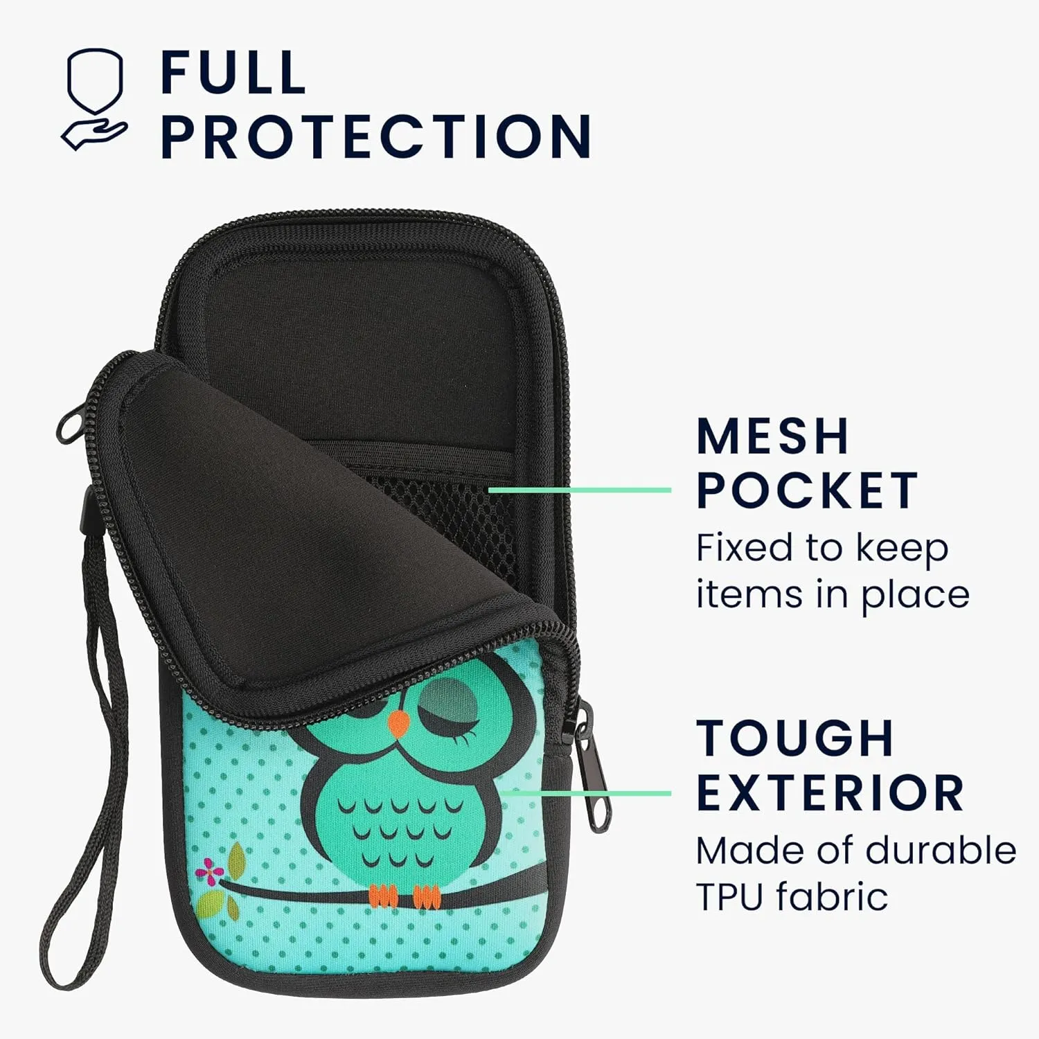 kwmobile Neoprene Sleeve for Smartphone Size XXL - 7" - Shock Absorbing Pouch Case - Protective Phone Bag - Sleeping Owl Turquoise/Brown/Mint