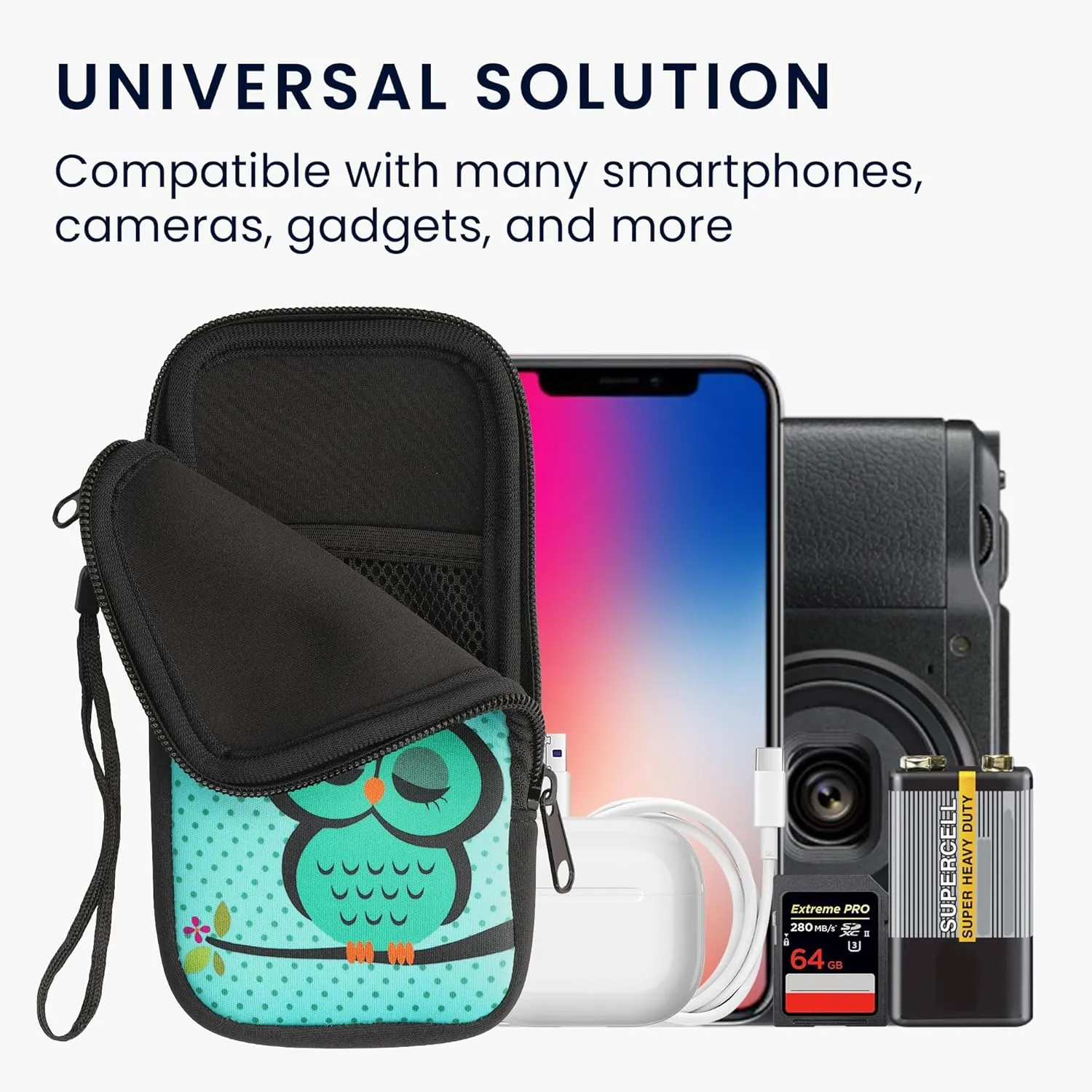 kwmobile Neoprene Sleeve for Smartphone Size XXL - 7" - Shock Absorbing Pouch Case - Protective Phone Bag - Sleeping Owl Turquoise/Brown/Mint