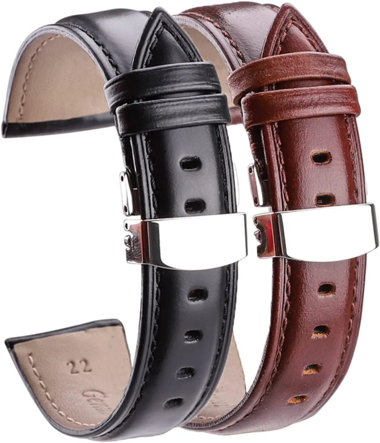 LAnGSHAW 18mm - 24mm Watch Band Strap Brown Black Leather Watchbands Bracelet Accessories Deployment Buckle (Band Color : Black, Band Width : 20mm)