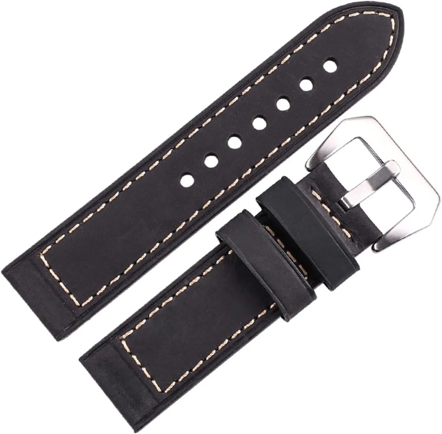 LAnGSHAW Handmade Watchbands 22mm 24mm Men Women Brown Black Red Leather Watch Band Strap Belt Stainless Steel Buckle (Band Color : Black, Band Width : 24mm)
