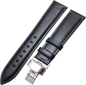LAnGSHAW Leather Smooth Watchbands Black Brown 18 19 20 21 22 24mm Women Men Watch Band Strap Wrist Belt Bracelet Steel Clasp (Band Color : Black, Band Width : 20mm)