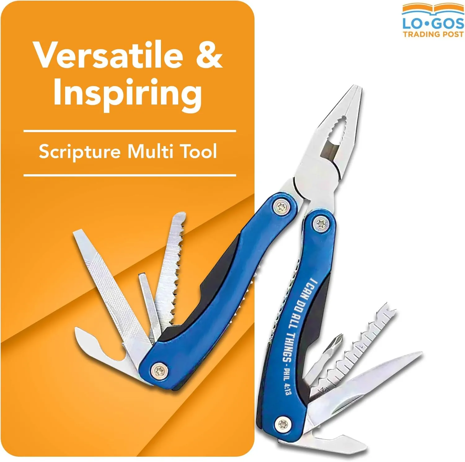 Large 14-in-1 Multi Tool Pliers in Blue Color with Nylon Case & Gift Ready Box Multi Purpose Printed Phil 4:13 Scripture "I Can Do All Things" - Mens Tools Gift Sets