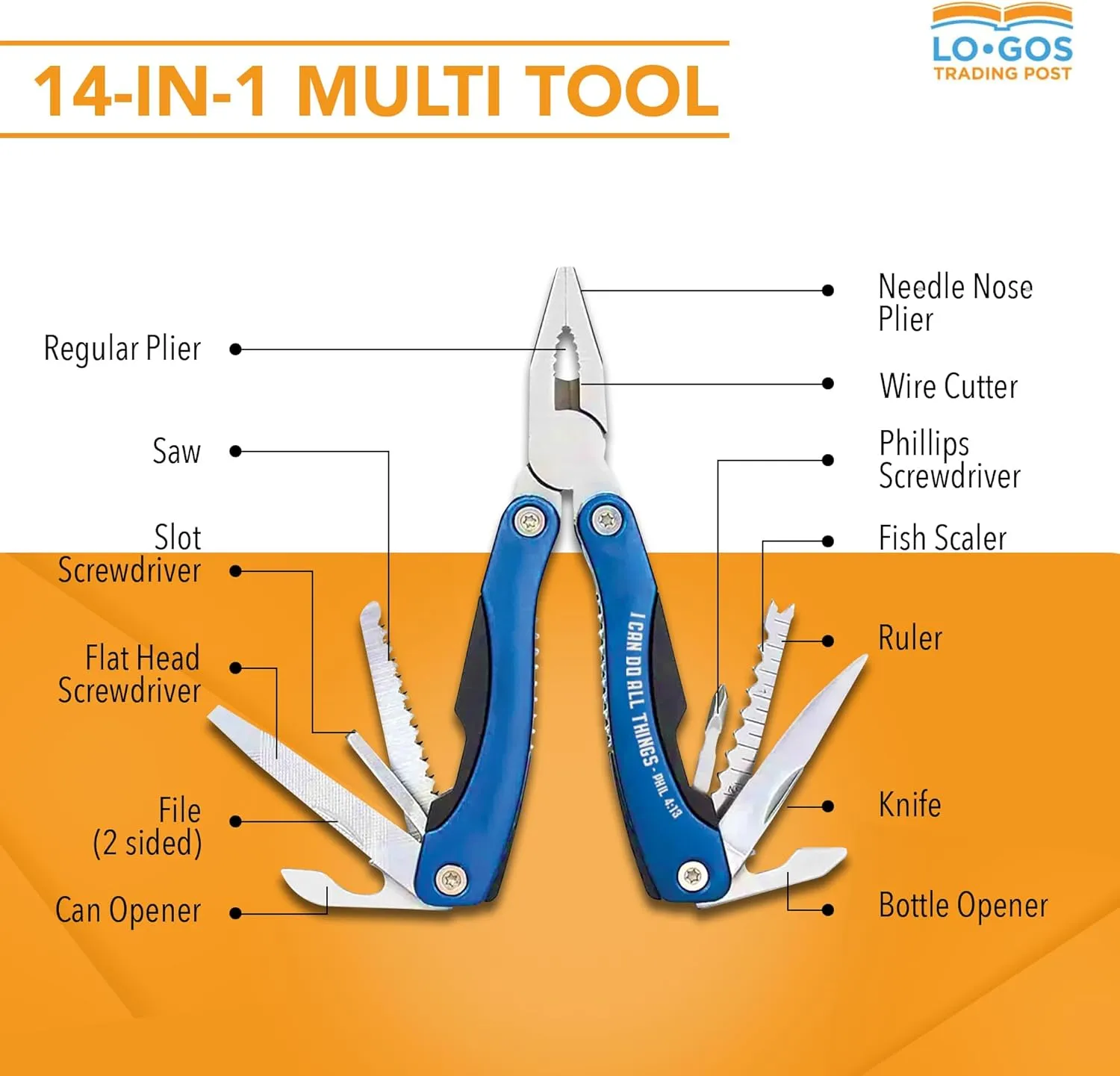 Large 14-in-1 Multi Tool Pliers in Blue Color with Nylon Case & Gift Ready Box Multi Purpose Printed Phil 4:13 Scripture "I Can Do All Things" - Mens Tools Gift Sets