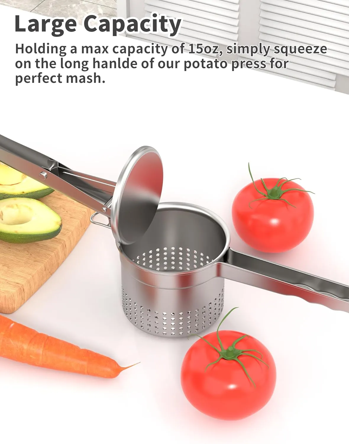 Large 15oz Potato Ricer, Heavy Duty Stainless Steel Ricer for Mashed Potatoes, Sweet Potato Masher Kitchen Tool with Ergonomic Handle, Press and Mash Kitchen Gadget, Silver