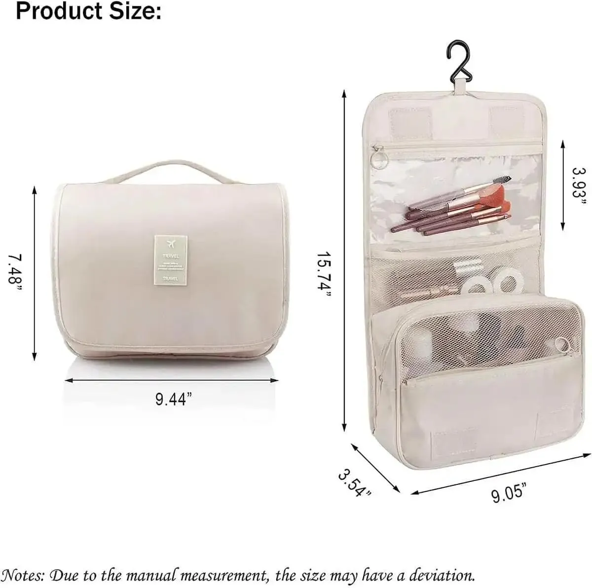 Large capacity toiletry bag travel bag with hook, suitable for men and women, waterproof travel cosmetic bag bathroom, can be closed automatically, used to hold headphones, lipstick and jewelry(Black)