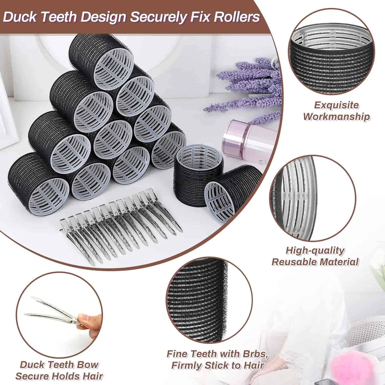Large Hair Rollers Set - 24 Pieces with 12 Jumbo Rollers and 12 Clips for Long Thick Hair Volume (Black)