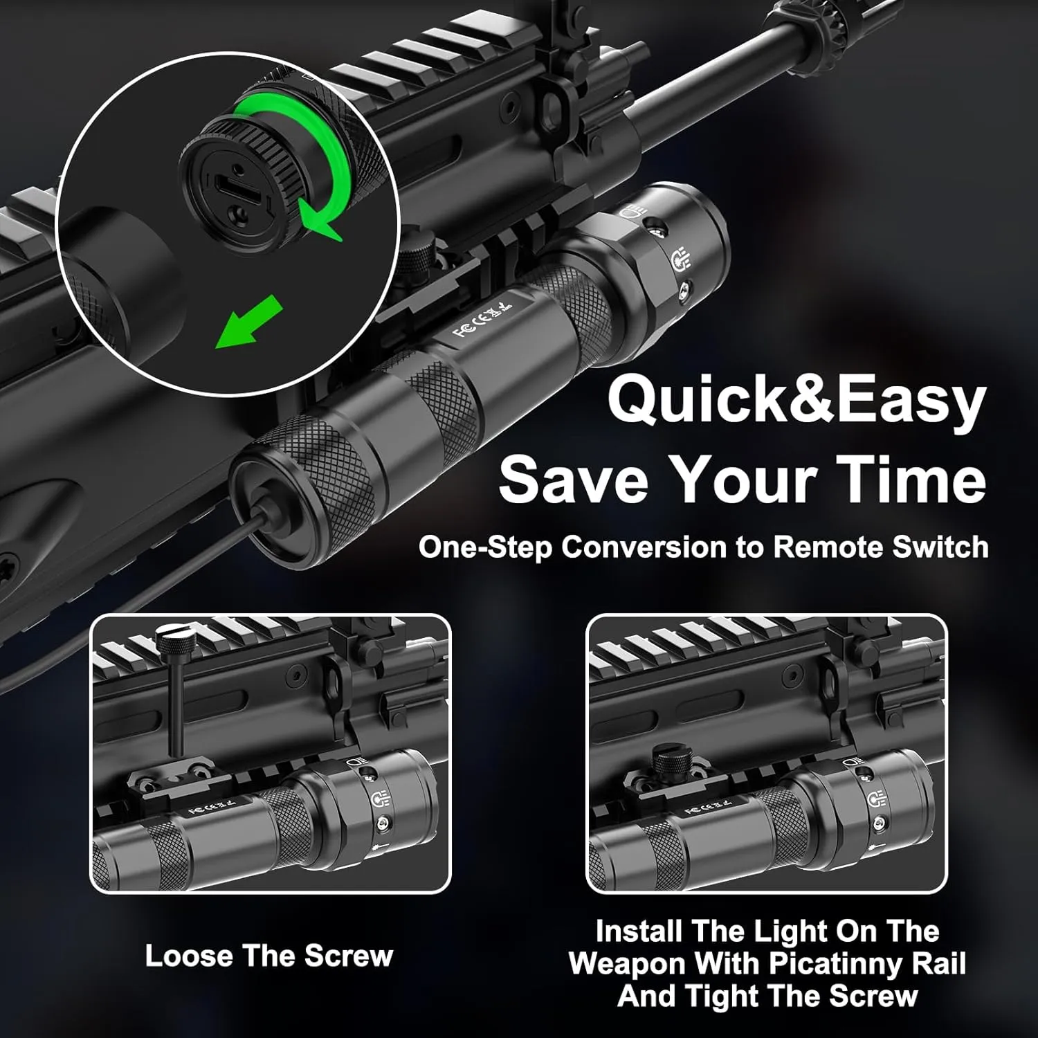 Laser Light Combo for Rifle - 1250lm Rifle Light and Laser Picatinny Rail Flashlight Tactical with Green Laser Beam, Gun Weapon Flashlight with Pressure Switch, USB C Rechargeable