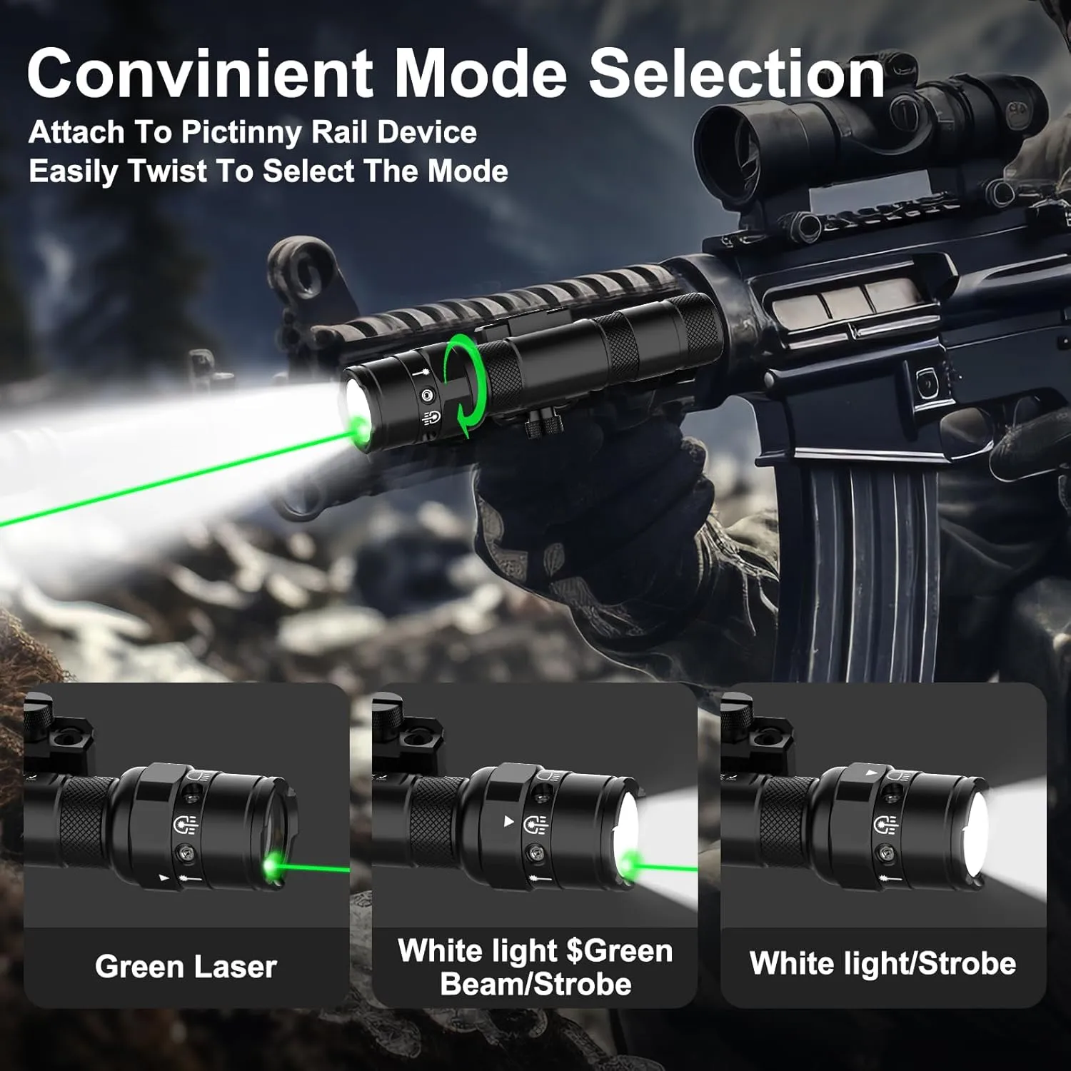 Laser Light Combo for Rifle - 1250lm Rifle Light and Laser Picatinny Rail Flashlight Tactical with Green Laser Beam, Gun Weapon Flashlight with Pressure Switch, USB C Rechargeable