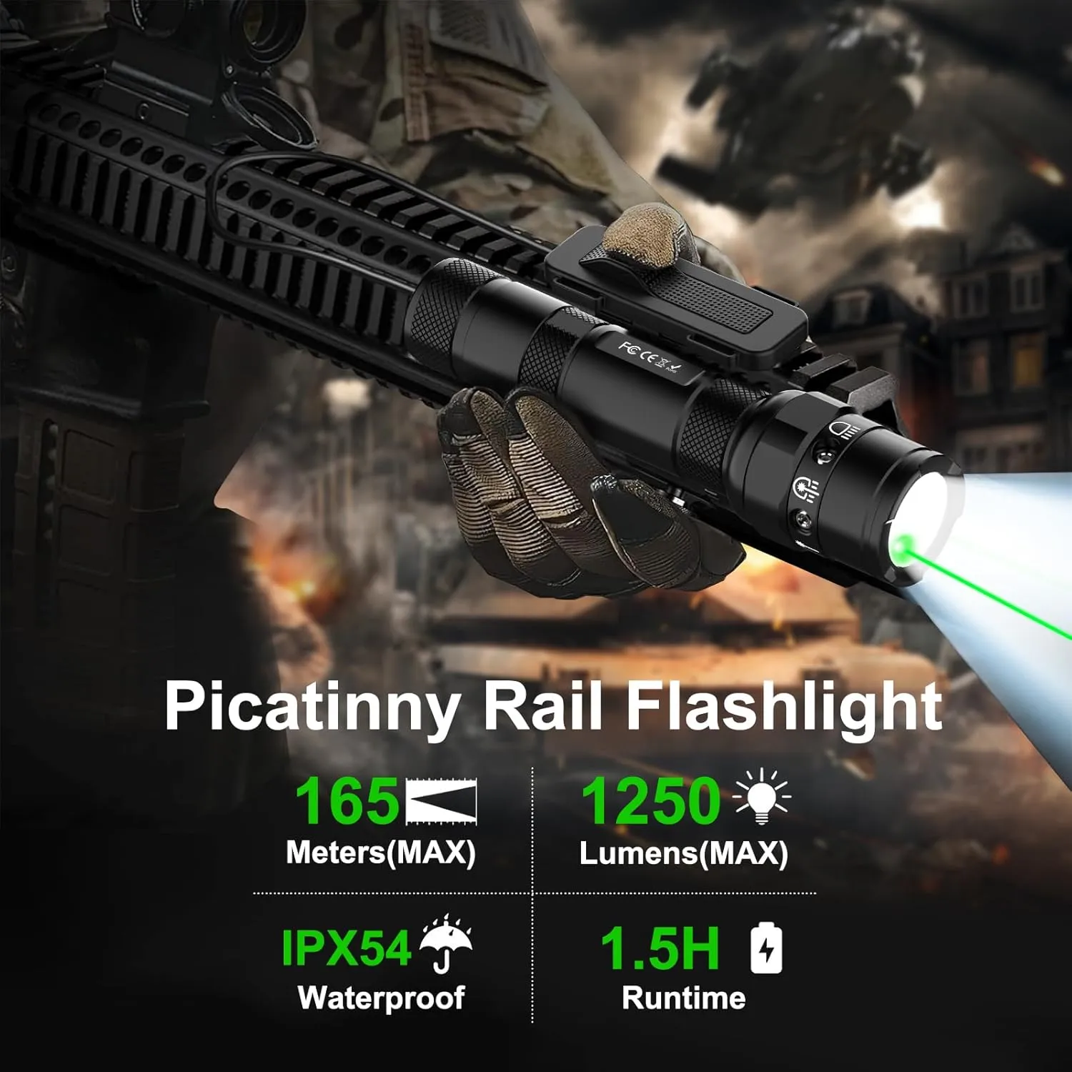 Laser Light Combo for Rifle - 1250lm Rifle Light and Laser Picatinny Rail Flashlight Tactical with Green Laser Beam, Gun Weapon Flashlight with Pressure Switch, USB C Rechargeable
