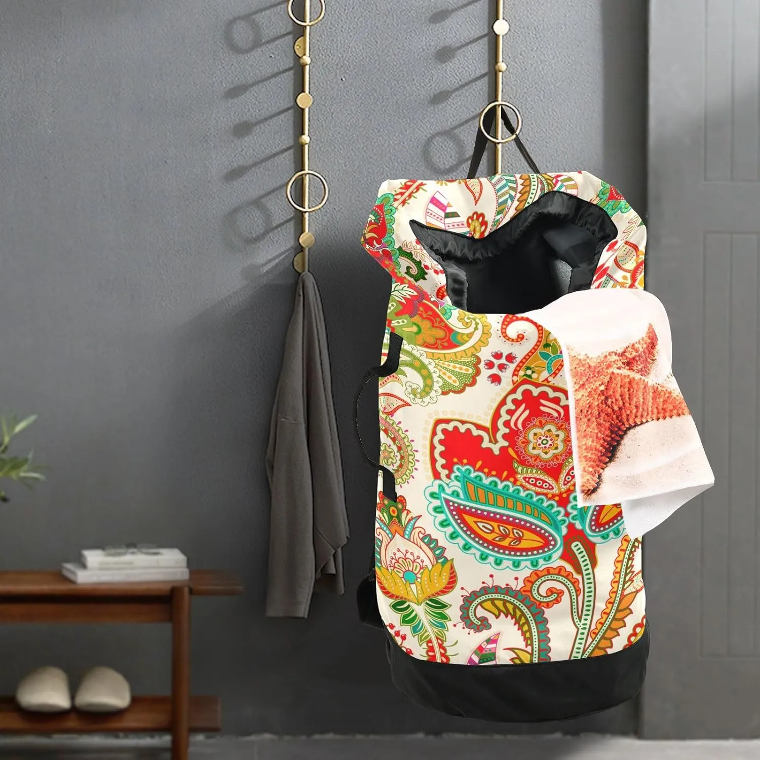 Laundry Bag Backpack,Travel Laundry Bags with Shoulder Straps Oxford Large Hanging Laundry Hamper Bag for College,Laundromat,Apartment Paisely