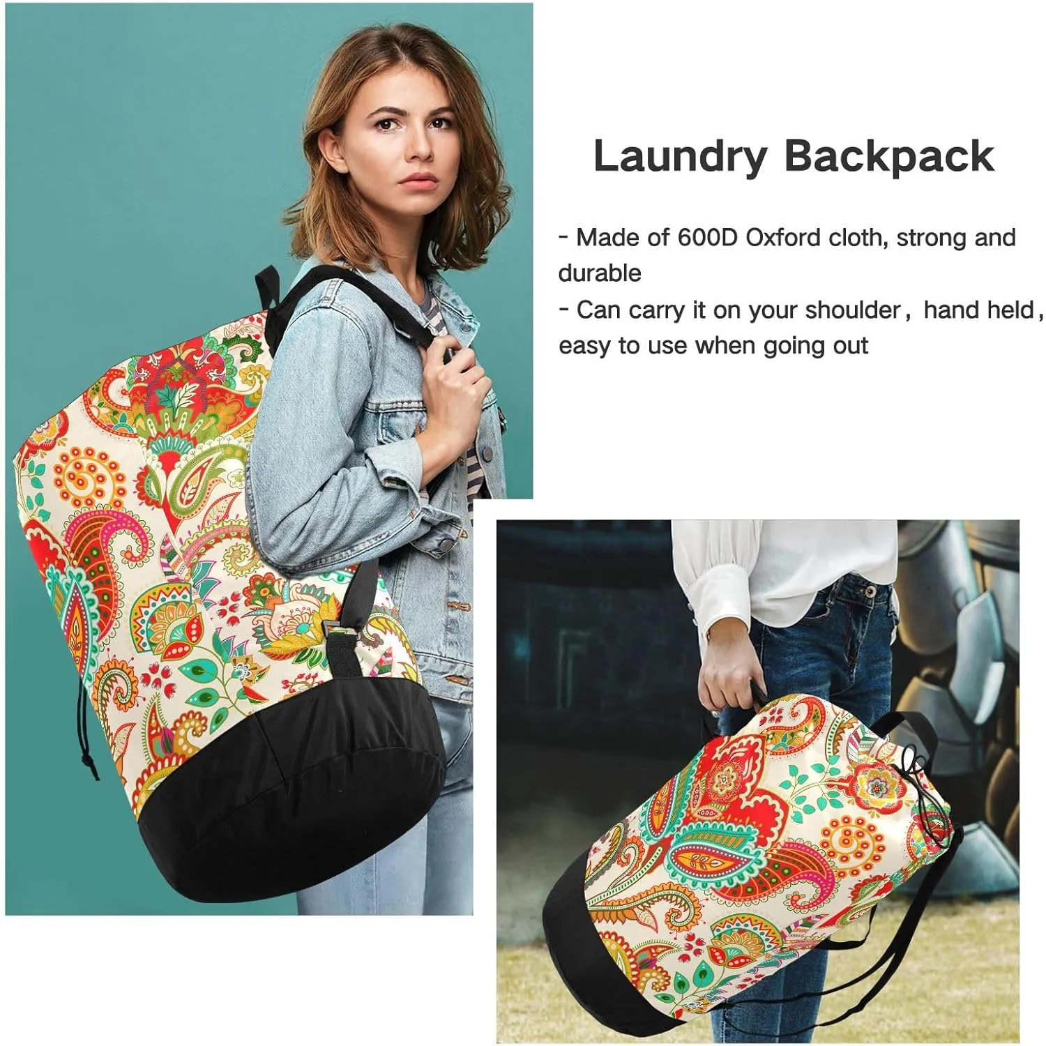 Laundry Bag Backpack,Travel Laundry Bags with Shoulder Straps Oxford Large Hanging Laundry Hamper Bag for College,Laundromat,Apartment Paisely