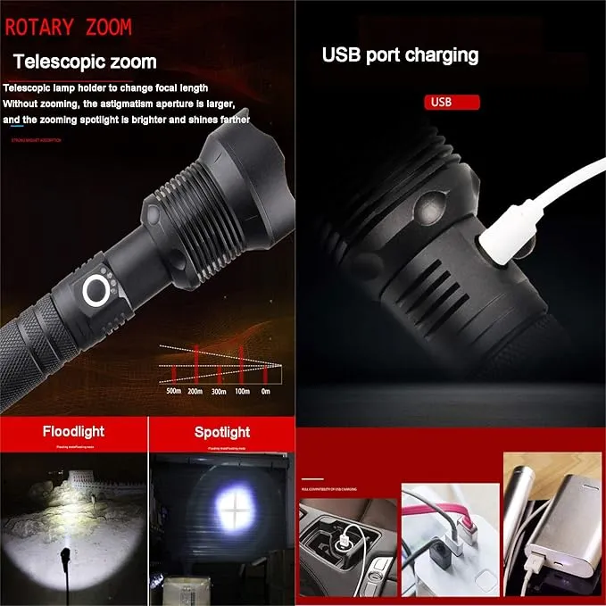 LED Flashlight high lumens Rechargeable,200000 lumens Super Bright XHP90 Tactical Flashlight,zoomable Waterproof Powerful Handheld Flash Lights for utdoor Camping Hiking