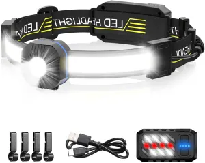 LED Headlamp, 1000lumens 230° Widebeam Headlight, USB Rechargeable HeadLamp with Red Taillight, Lightweight Waterproof Headband Light for Camping Running Hiking, Hard Hat Headlamp