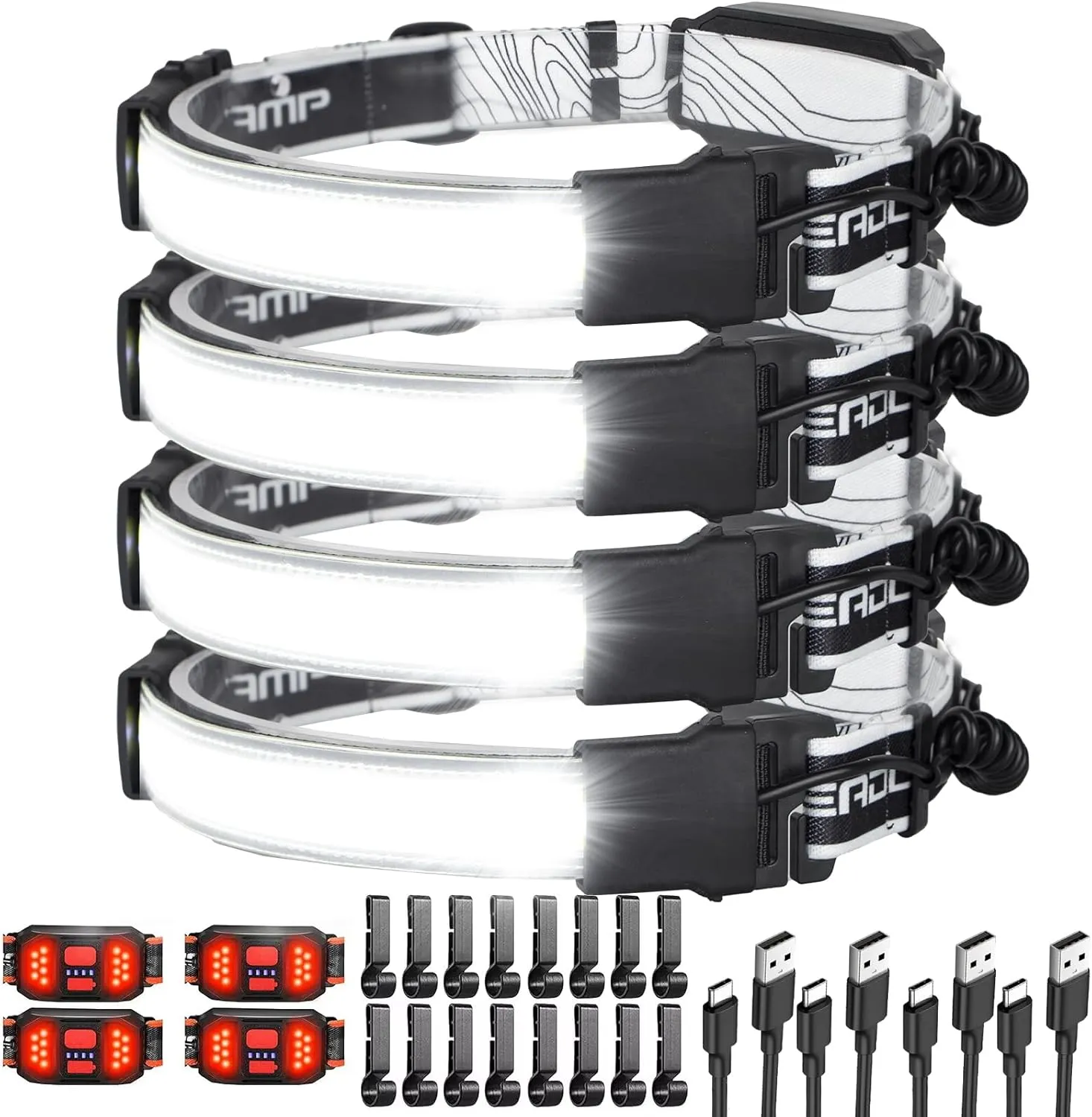 LED Headlamp Flashlight, 1000L 230° Broadbeam Headlight, USB C Rechargeable Head Lamp with Red Taillight, Lightweight Waterproof Headlamps for Camping Running Hiking, Hard Hat Headlamp 4Packs