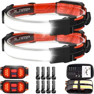 LED Headlamp Flashlight with Case Box 230° Broadbeam Headlight, USB Rechargeable Head Lamp with Red Taillight, Lightweight Waterproof Headlamps for Camping Running Hiking, Hard Hat Headlamp