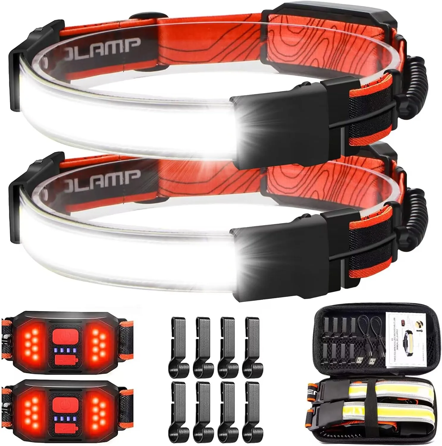 LED Headlamp Flashlight with Case Box 230° Broadbeam Headlight, USB Rechargeable Head Lamp with Red Taillight, Lightweight Waterproof Headlamps for Camping Running Hiking, Hard Hat Headlamp