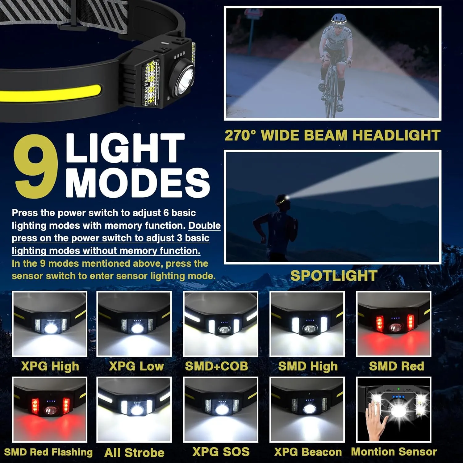 LED Headlamp Rechargeable 2-Pack, Super Bright Head Lamps with 9 Modes and Red Light, 270° Wide Beam Head Lights, Headlight Flashlight for Adults Camping Fishing Hiking Running Cycling