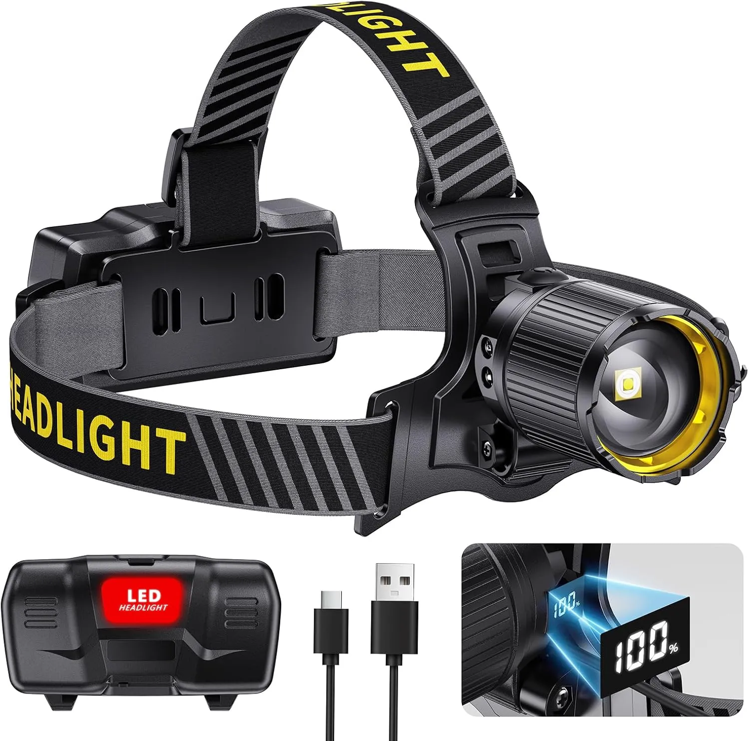 Led Headlamp Rechargeable, Super Bright HeadLamps 60H Long Battery Life with Sensor, Zoomable, 12 Modes, 120°Adjustable Head Lamp, IPX7 Waterproof Headlight for Forehead Camping Fishing Working Hiking